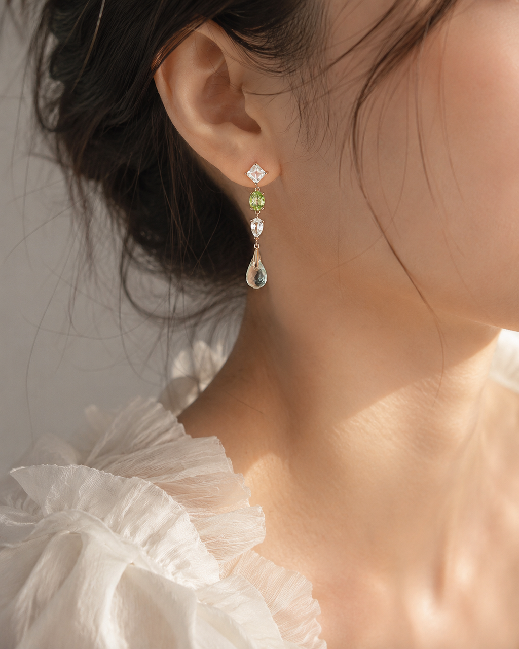 Natural Peridot, Prehnite & White Topaz Drop Earrings