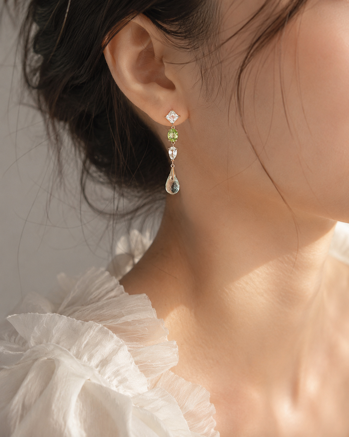 Natural Peridot, Prehnite & White Topaz Drop Earrings