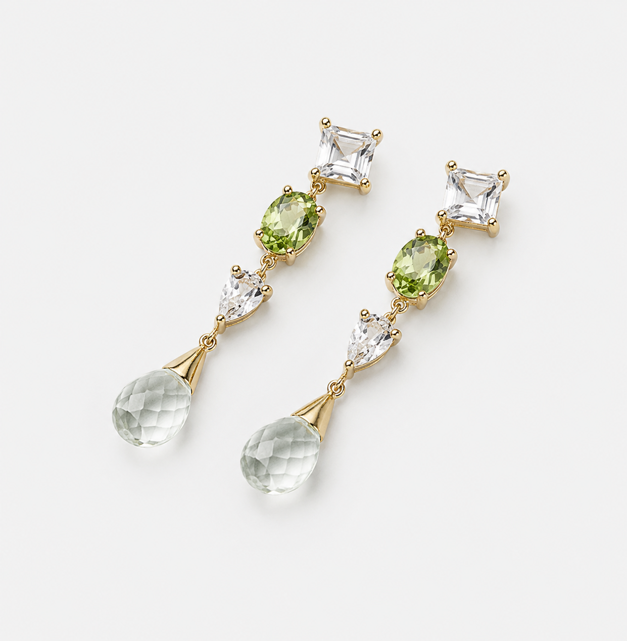 Natural Peridot, Prehnite & White Topaz Drop Earrings