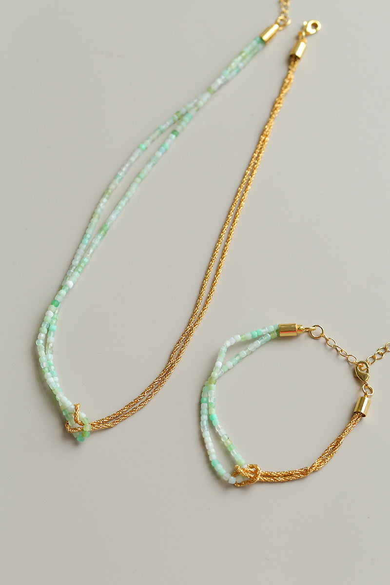 Natural Chrysoprase & Gold Double-Strand Knotted Choker Necklace