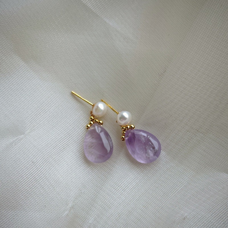 Natural Freshwater Pearl & Amethyst Drop Stud Earrings -