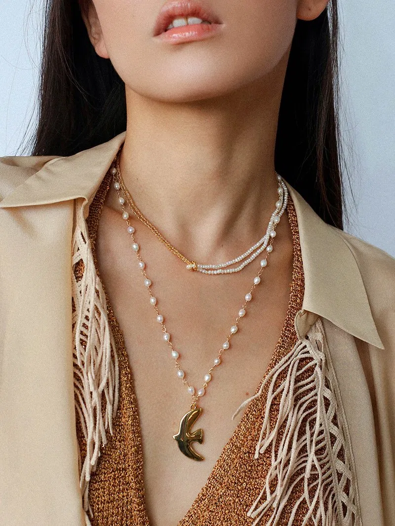 Natural Freshwater Pearl & Gold Double-Strand Knotted Choker Necklace