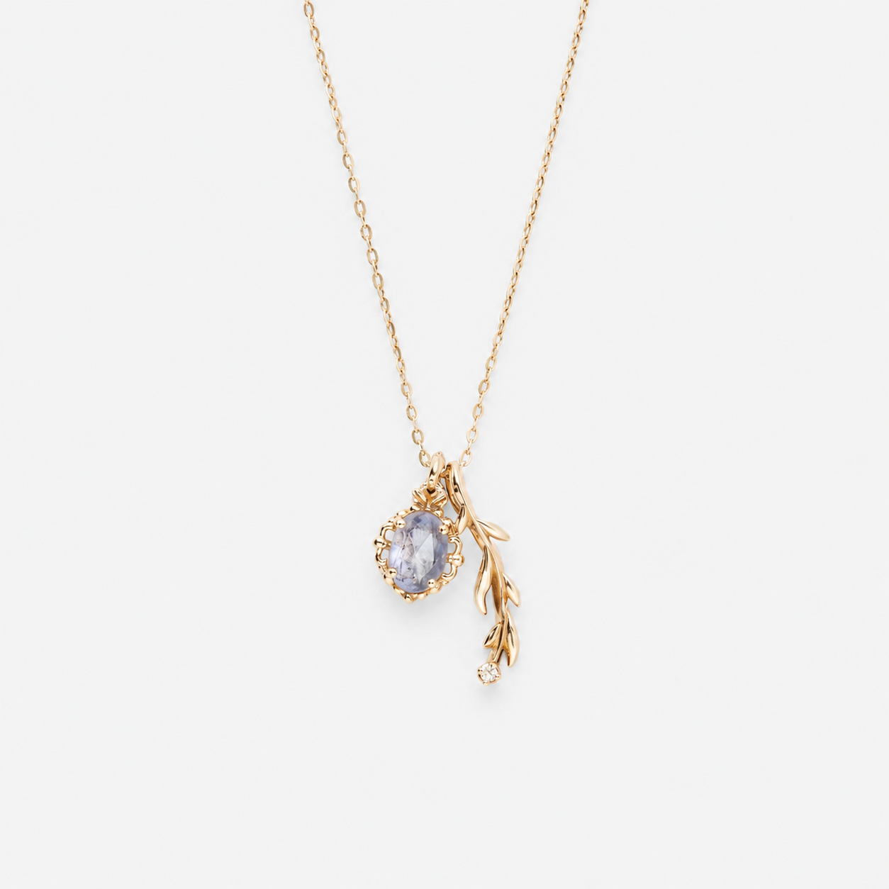 Natural Iolite & Olive Leaf Pendant Necklace – 925 Sterling Silver