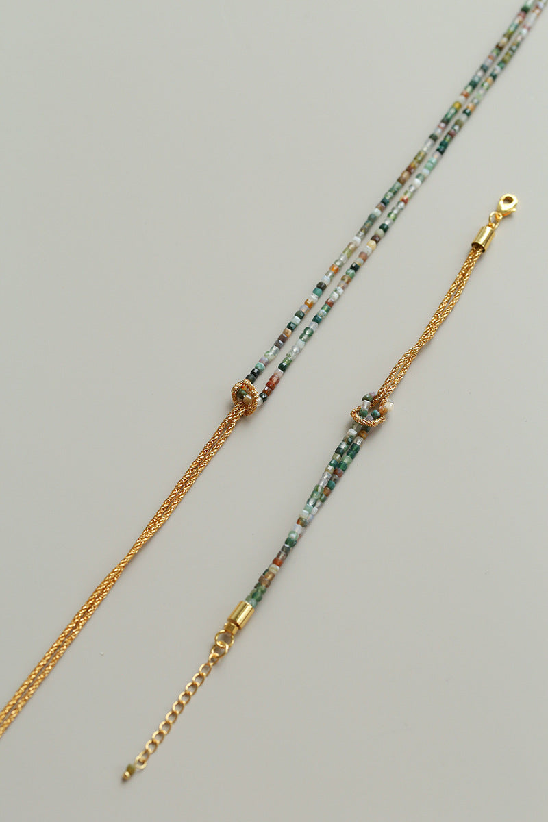 Natural Moss Agate & Gold Double-Strand Knotted Choker Necklace