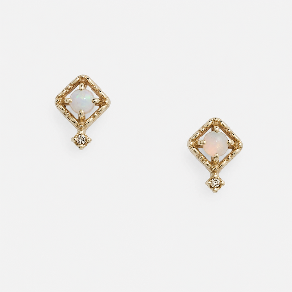 Natural Opal Geometric Stud Earrings in Gold Plated Silver