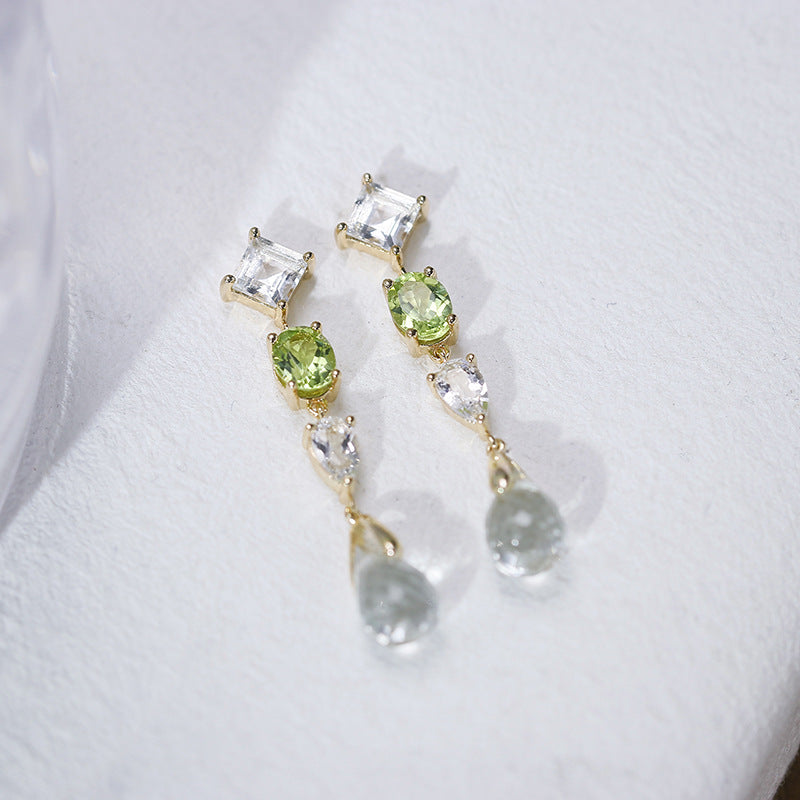 Natural Peridot, Prehnite & White Topaz Drop Earrings