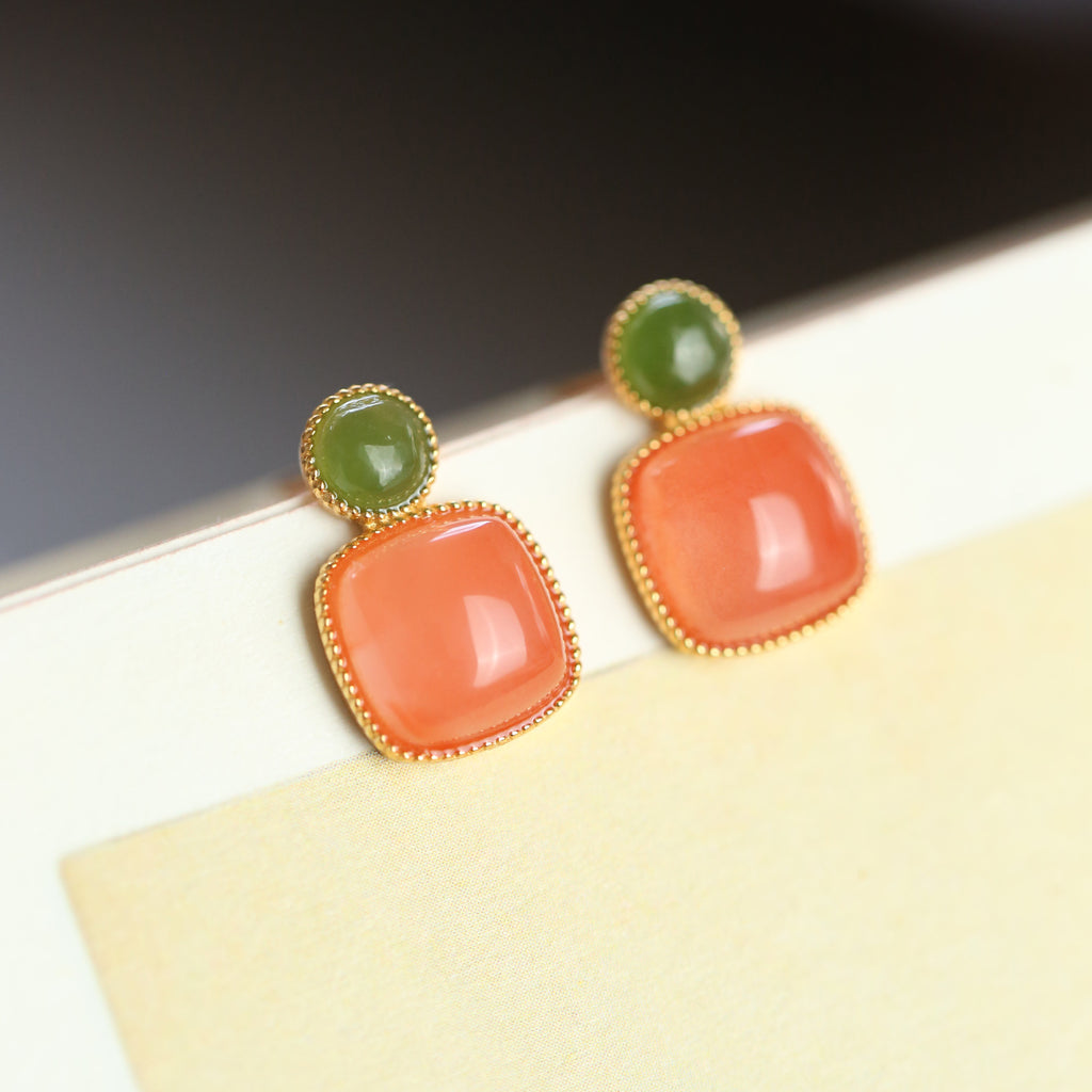 Natural Jade and South Red Agate Earrings