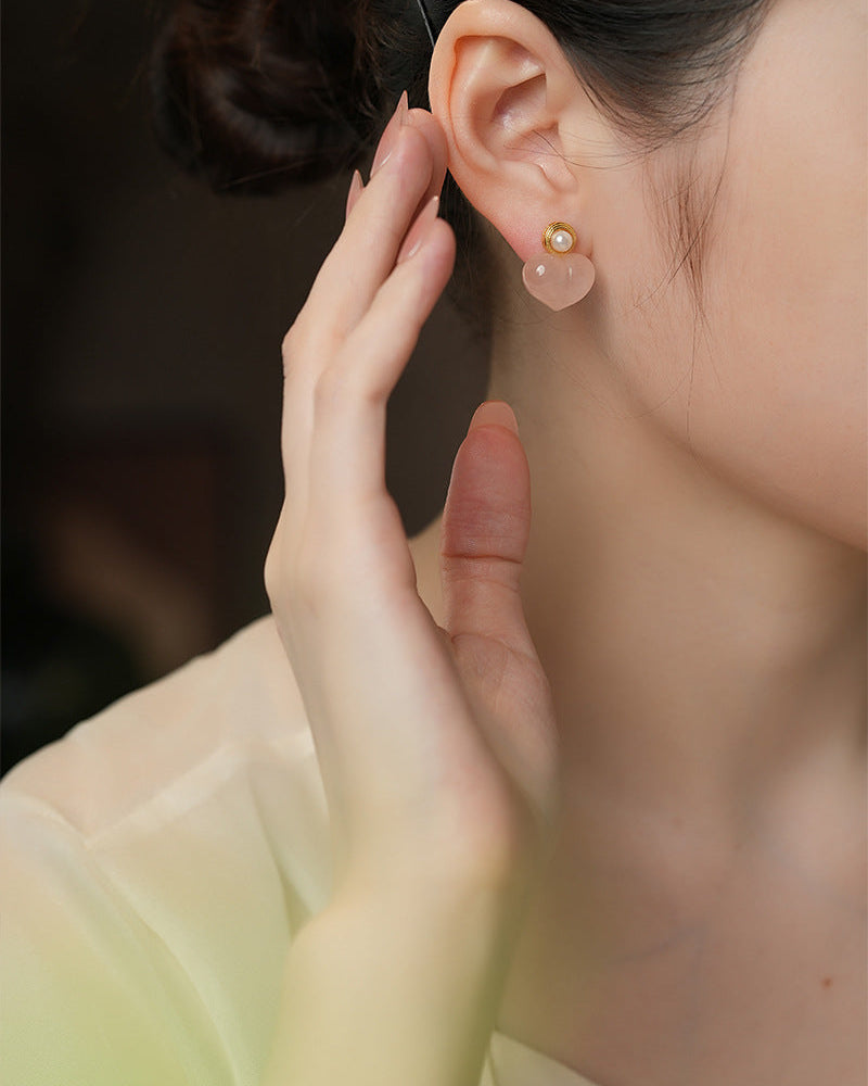 Peachy Heart Rose Quartz & Pearl Stud Earrings