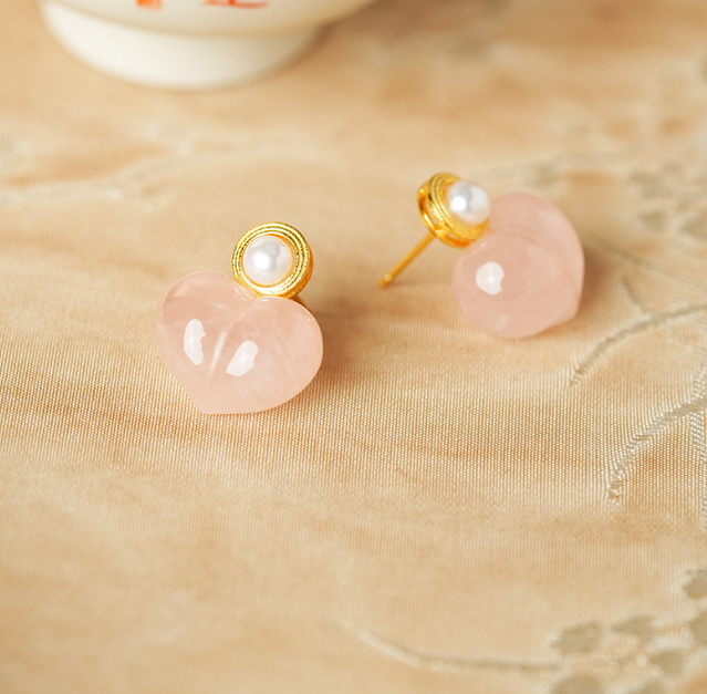 Peachy Heart Rose Quartz & Pearl Stud Earrings