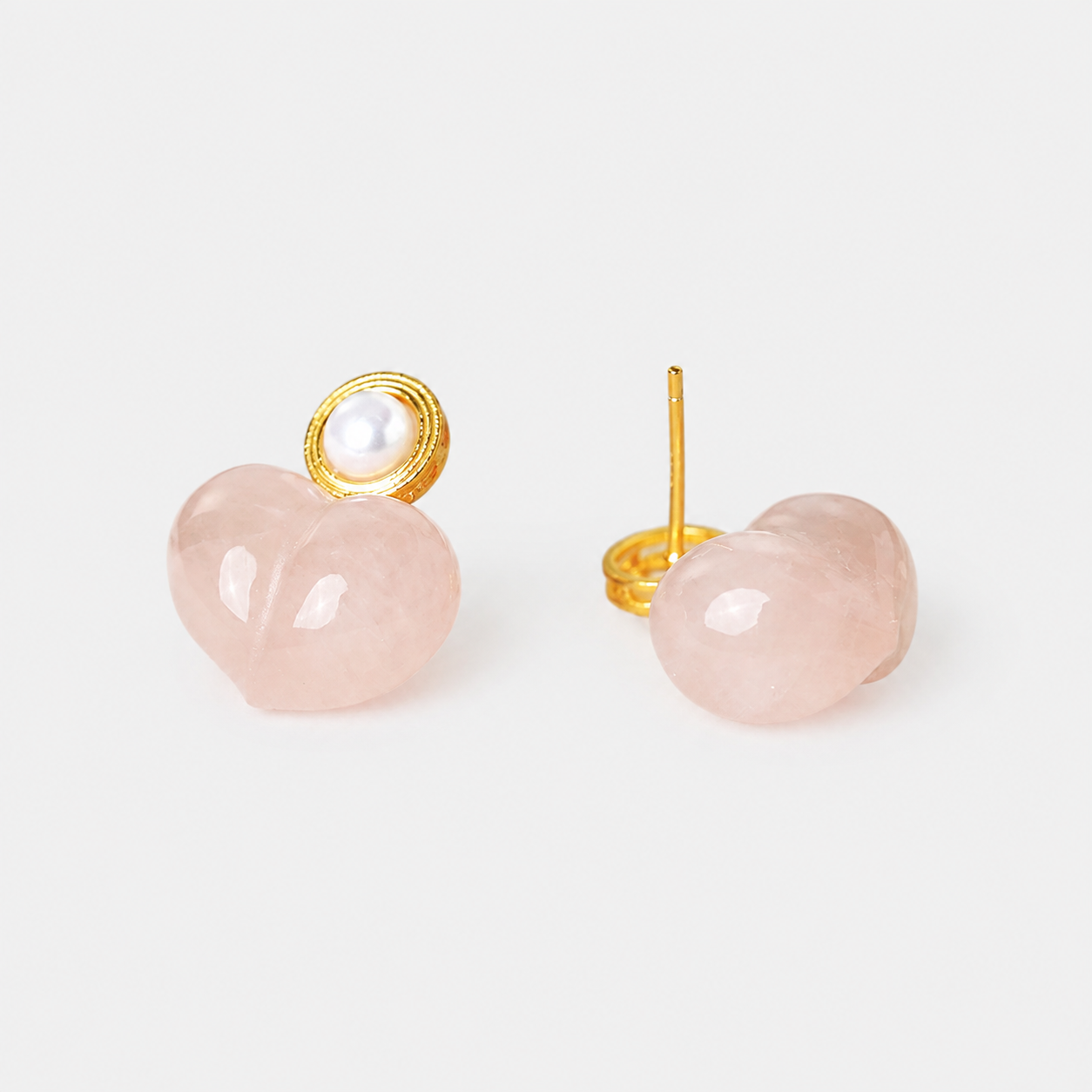 Peachy Heart Rose Quartz & Pearl Stud Earrings