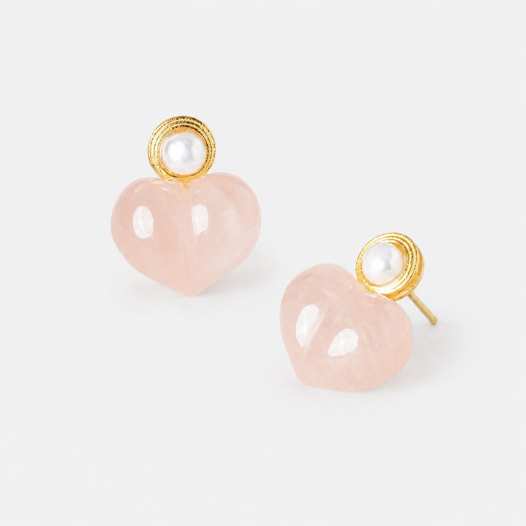 Peachy Heart Rose Quartz & Pearl Stud Earrings