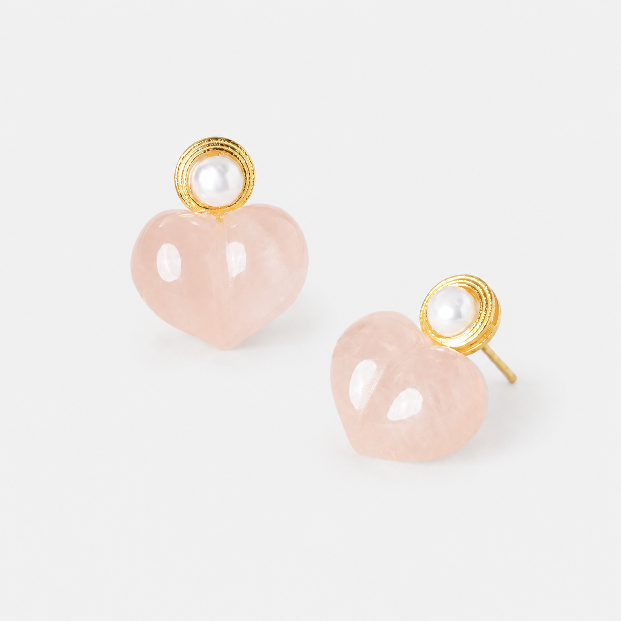 Peachy Heart Rose Quartz & Pearl Stud Earrings