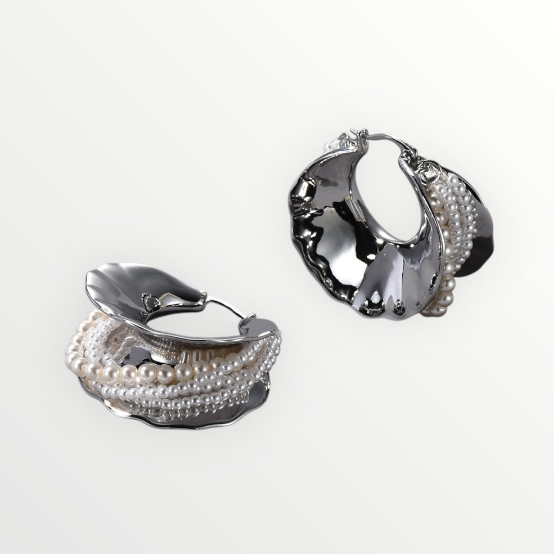 Pearl & Silver Texture Hoop Earrings | Statement Design