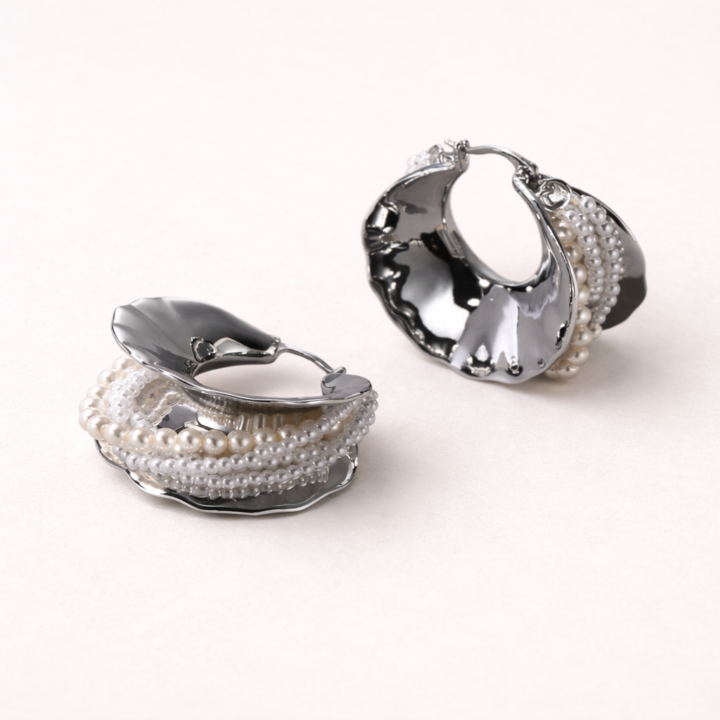 Pearl & Silver Texture Hoop Earrings | Statement Design