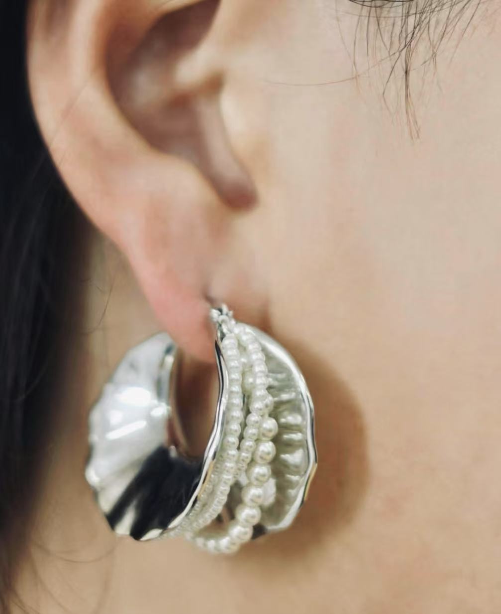 Pearl & Silver Texture Hoop Earrings | Statement Design
