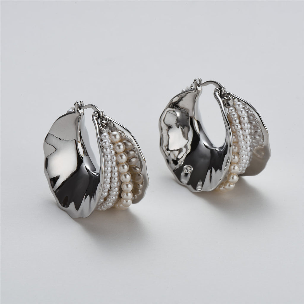 Pearl & Silver Texture Hoop Earrings | Statement Design