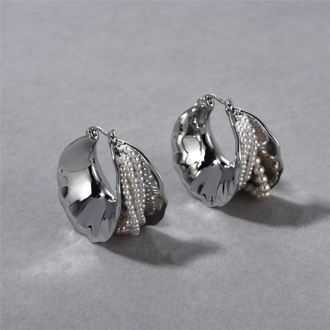 Pearl & Silver Texture Hoop Earrings | Statement Design