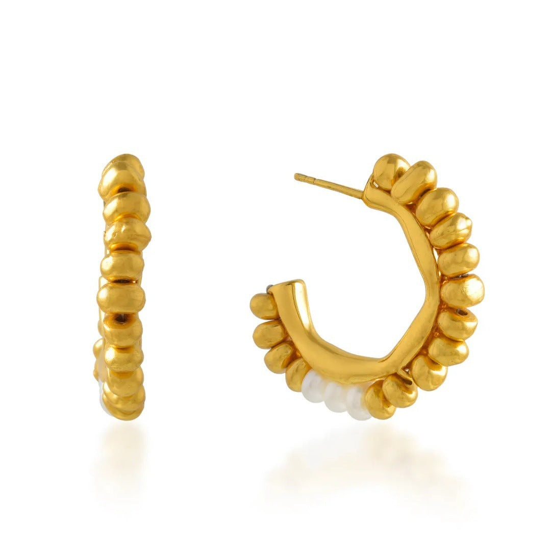 Retro Crescent Pearl Hoop Earrings
