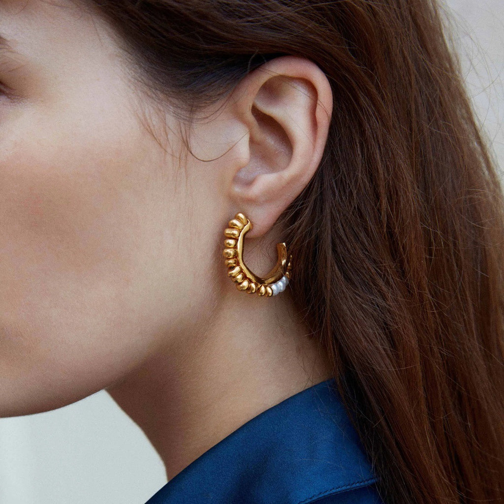 Retro Crescent Pearl Hoop Earrings