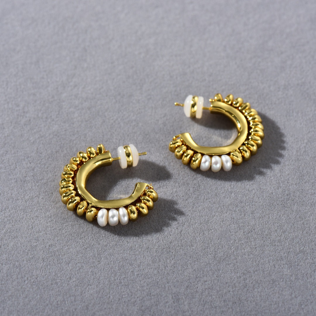 Retro Crescent Pearl Hoop Earrings