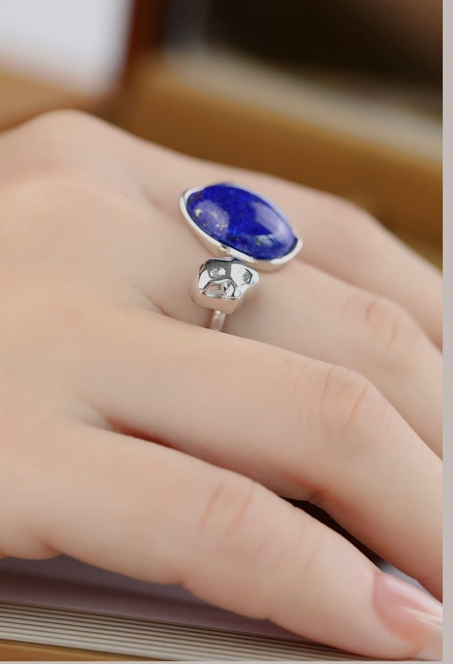 Silver  lapis lazuli open ring  on a hand