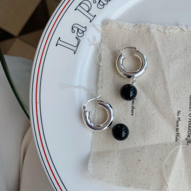 Sterling Silver Black Agate Hoop Earrings｜Minimal Chic
