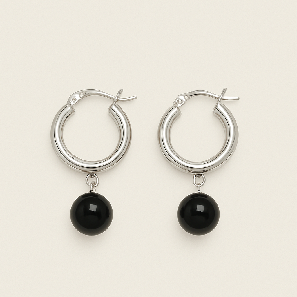 Sterling Silver Black Agate Hoop Earrings｜Minimal Chic