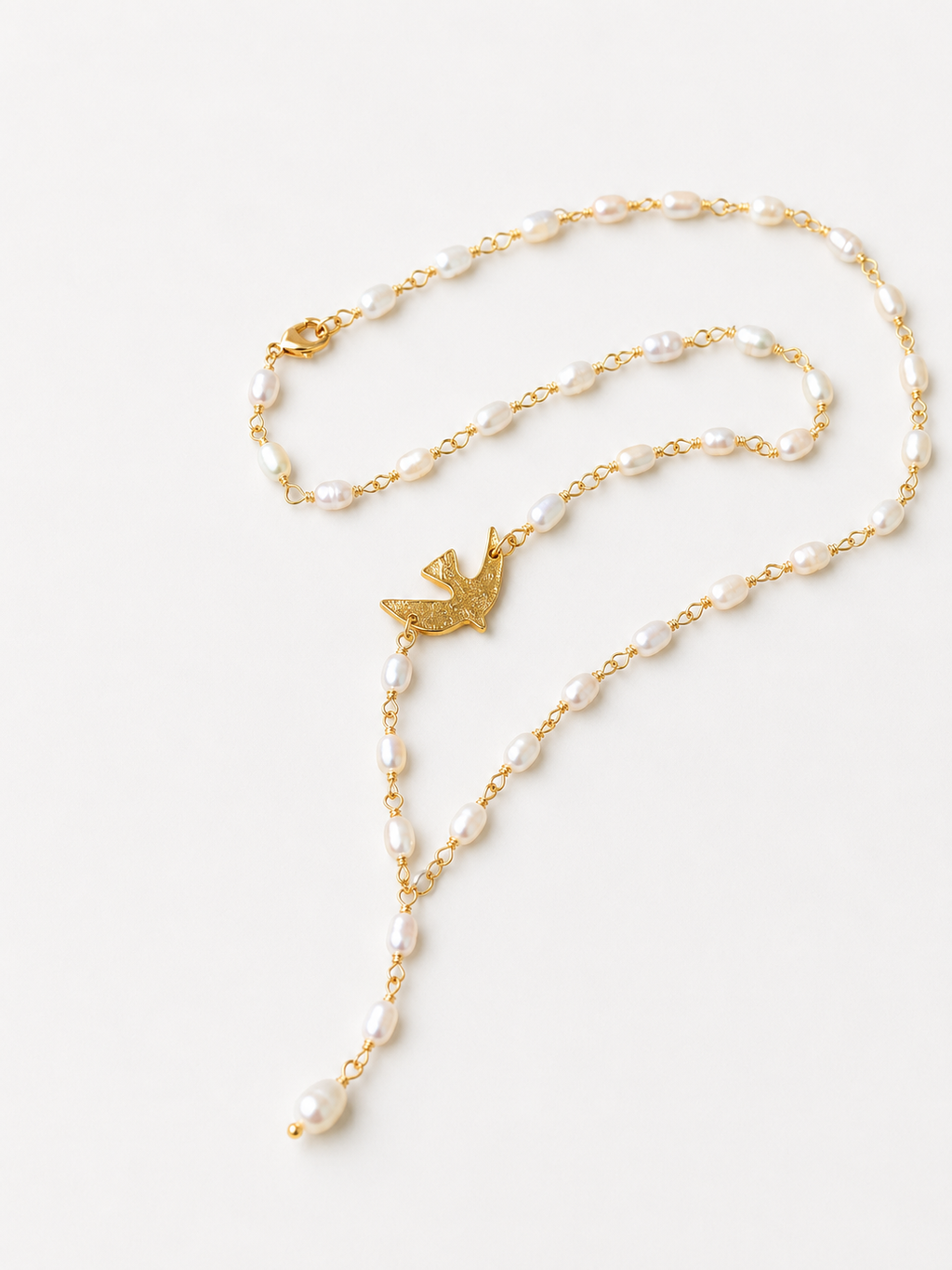 Baroque Pearl Lariat Necklace with Bird Charm