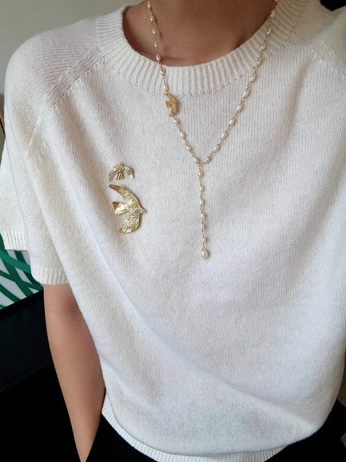 Baroque Pearl Lariat Necklace with Bird Charm