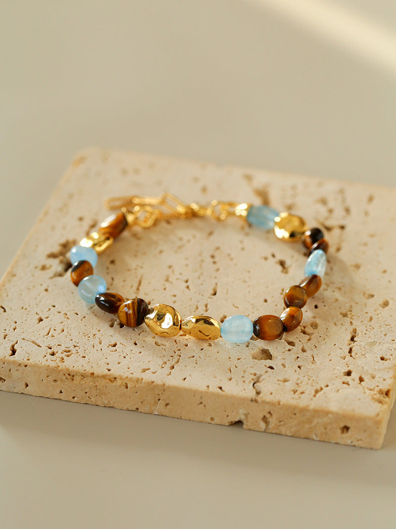 Sahara Tiger's Eye & Aquamarine Bracelet — 18K Gold Plated