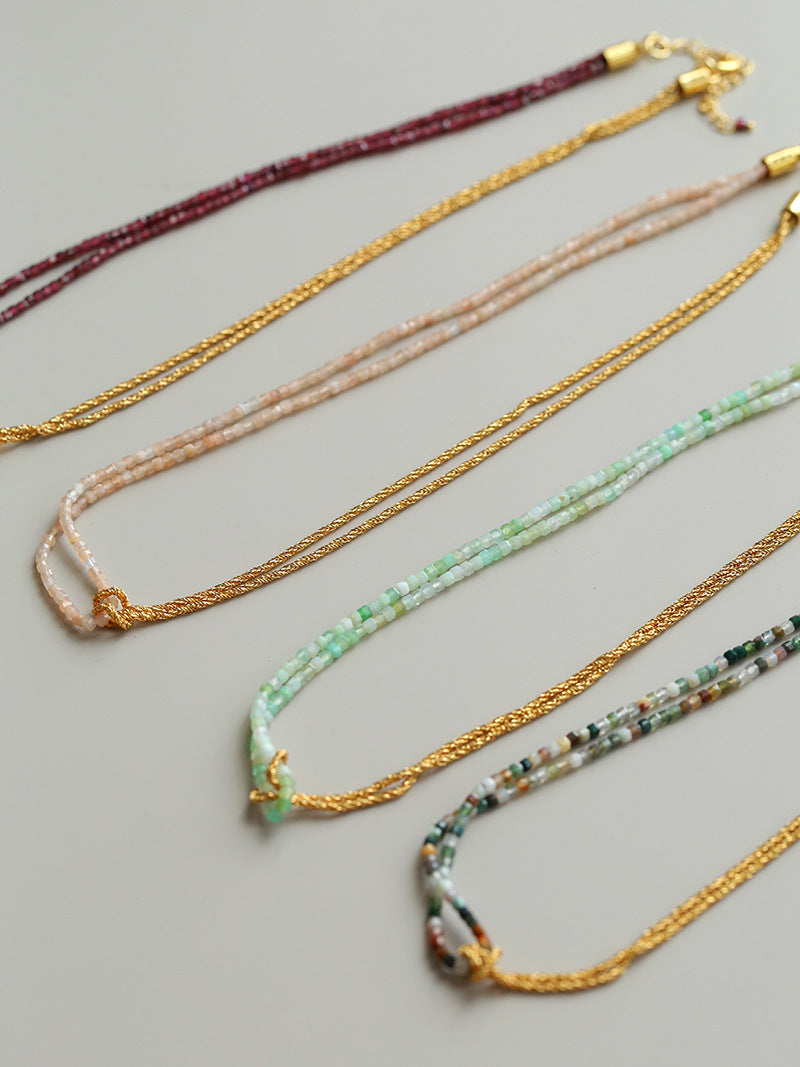 Natural Sunstone & Gold Double-Strand Knotted Choker Necklace