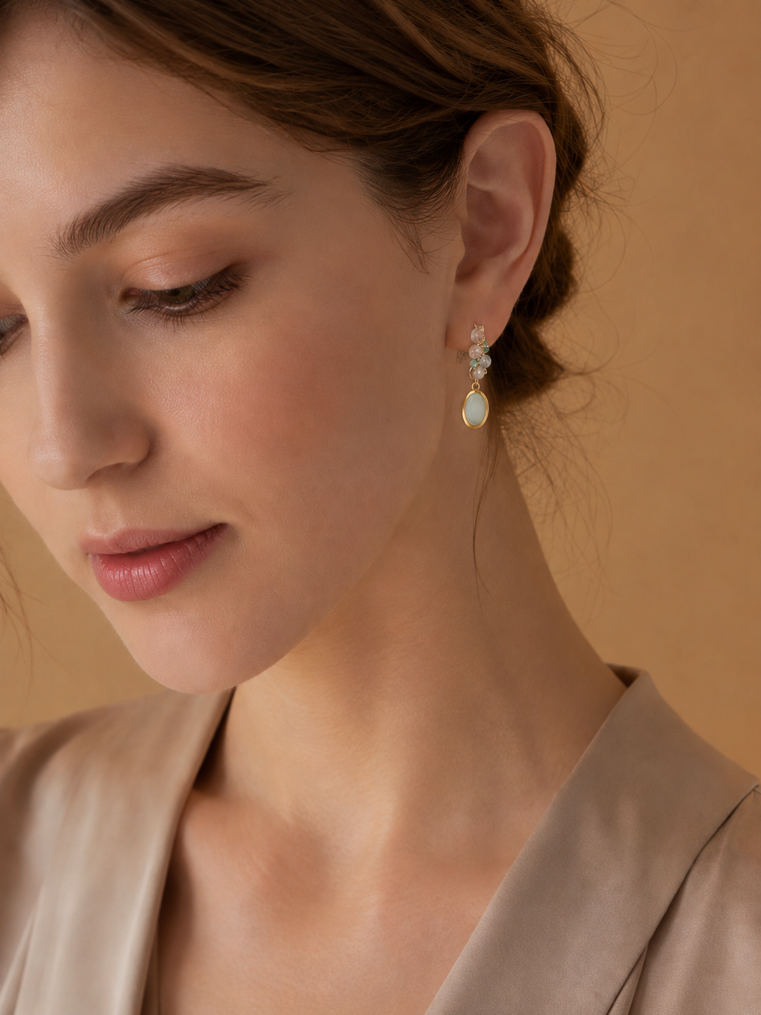 Green Prehnite Gemstone Drop Earrings | Natural Crystal Gold-Plated Earrings