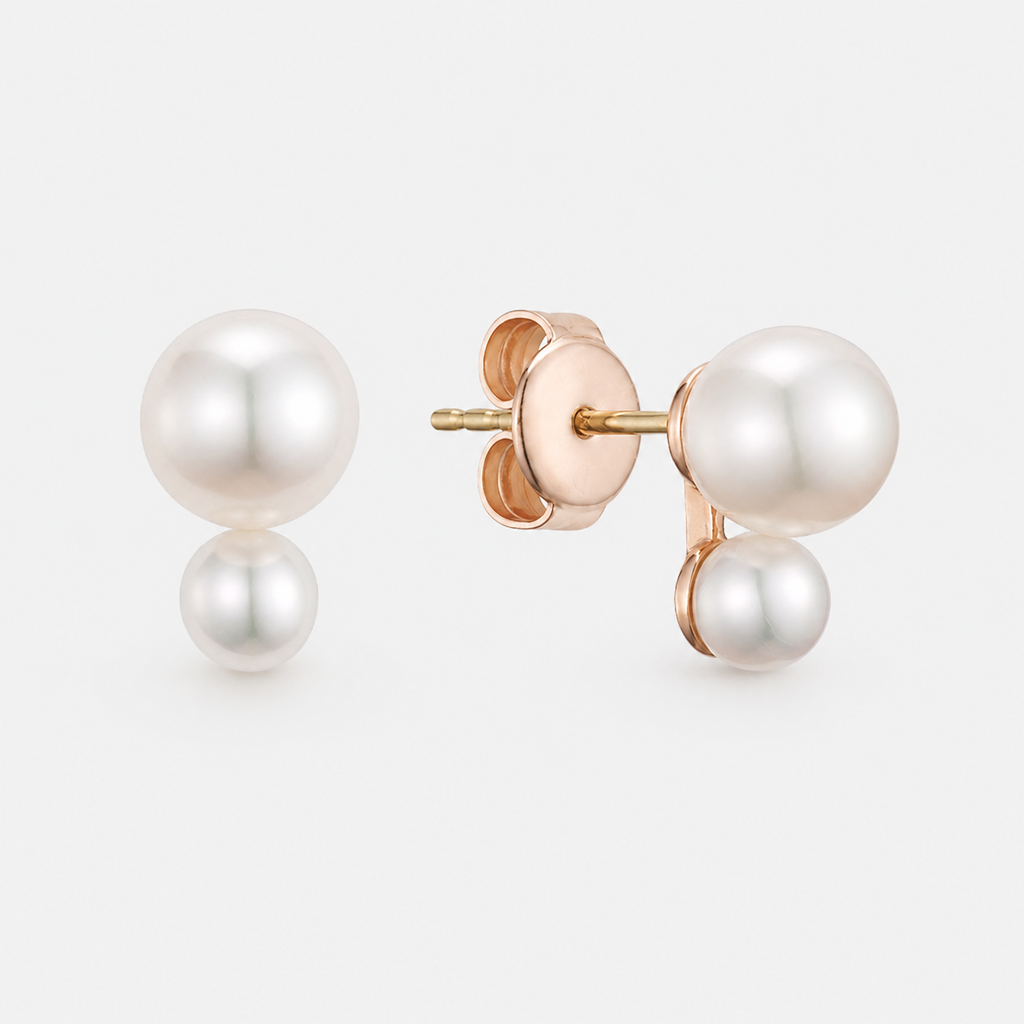 Double Pearl Stud Earrings – 925 Sterling Silver with 14K Rose Gold Plating