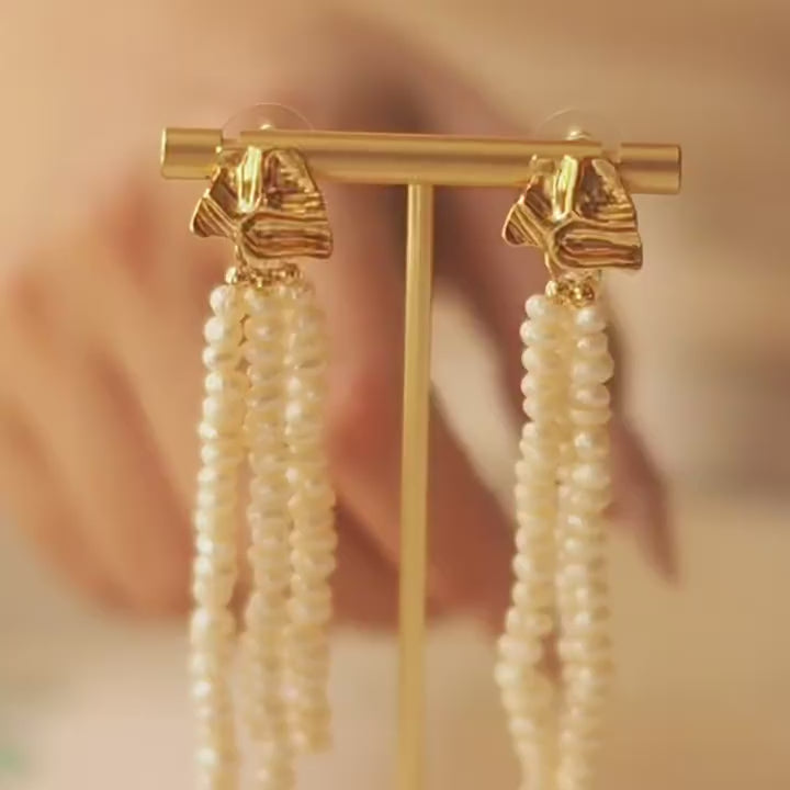 Vintage Baroque Pearl Tassel Earrings | Natural Freshwater Pearls & Gold-Plated Brass