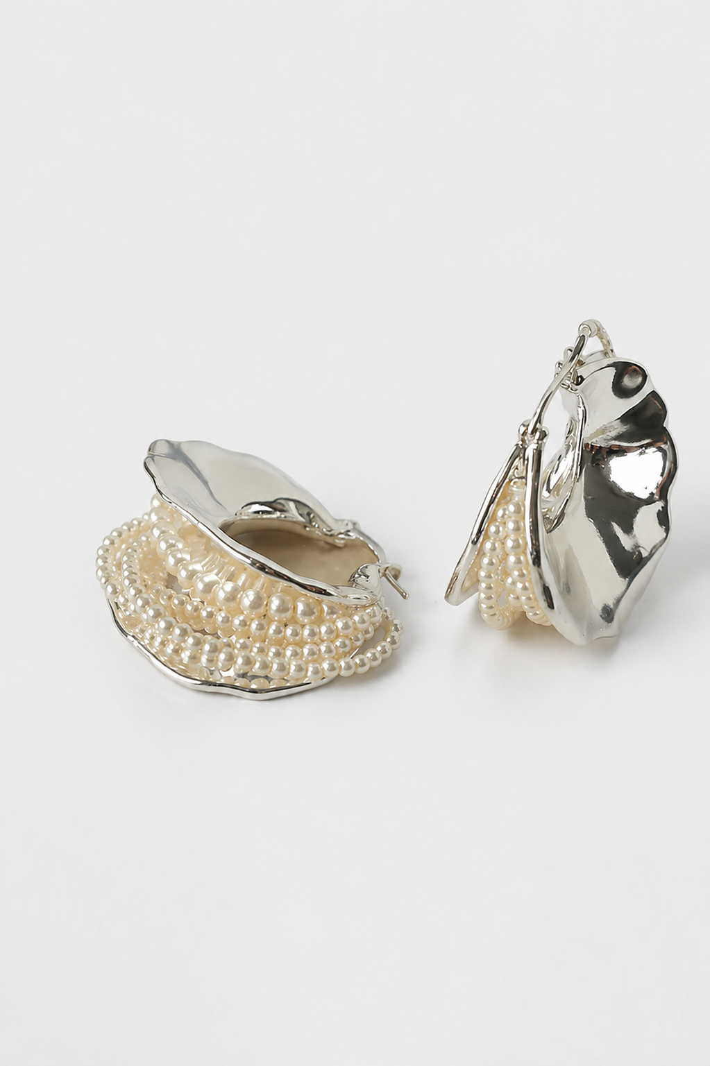 Pearl & Silver Texture Hoop Earrings | Statement Design