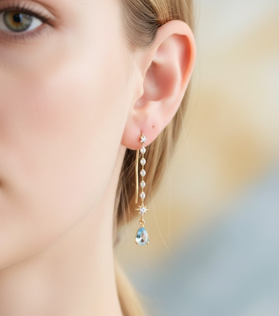 Magic Star Blue Spinel Threader Earrings | 925 Silver with Thick Gold Plating
