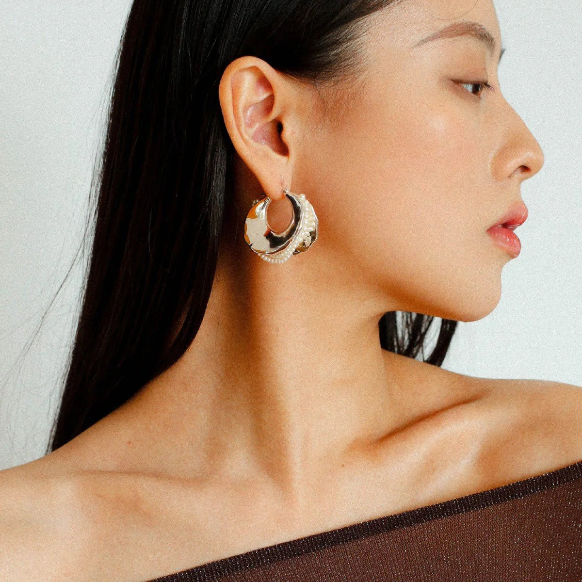 Pearl & Silver Texture Hoop Earrings | Statement Design